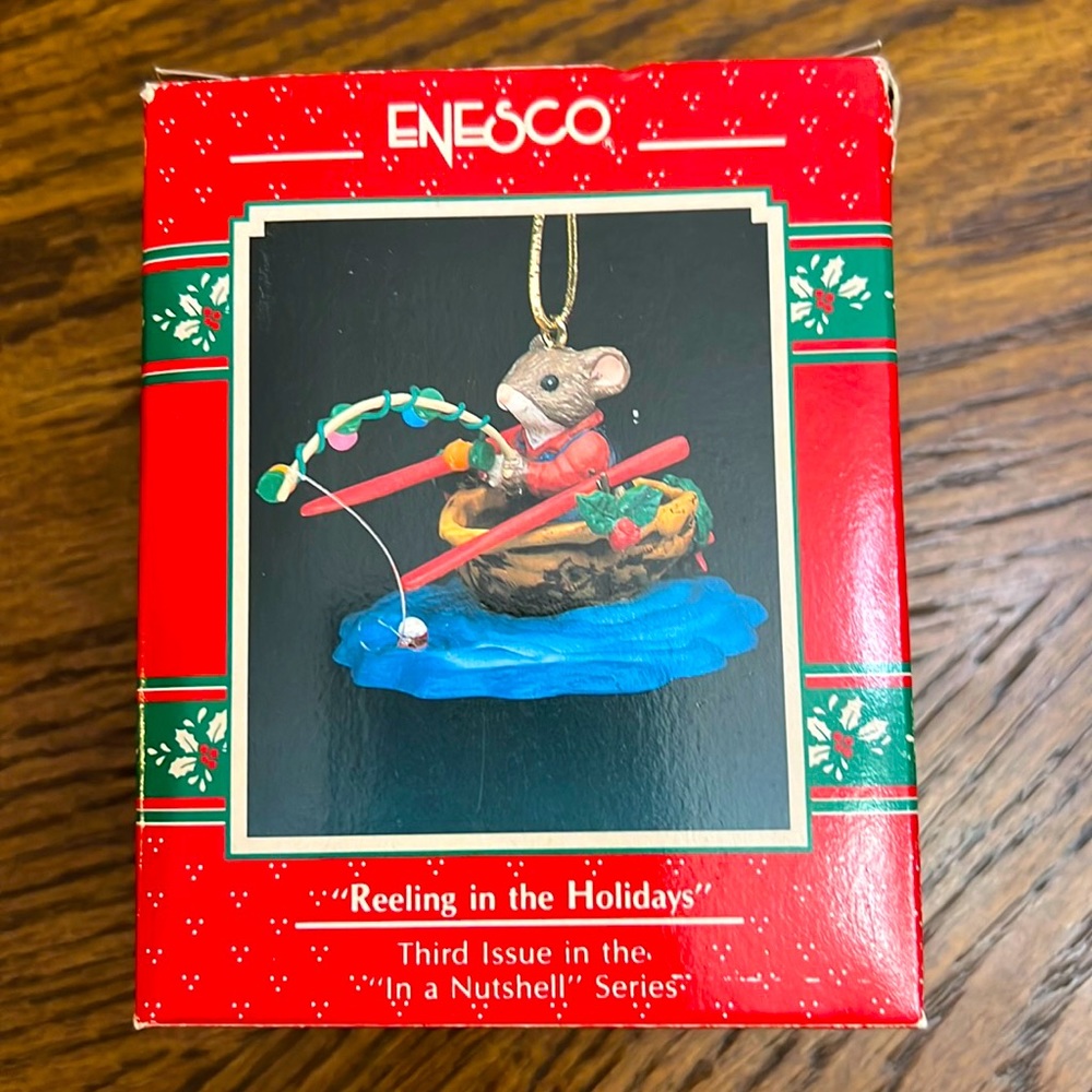 1990 Enesco Reeling in the Holidays Christmas Ornament Nutshell Series